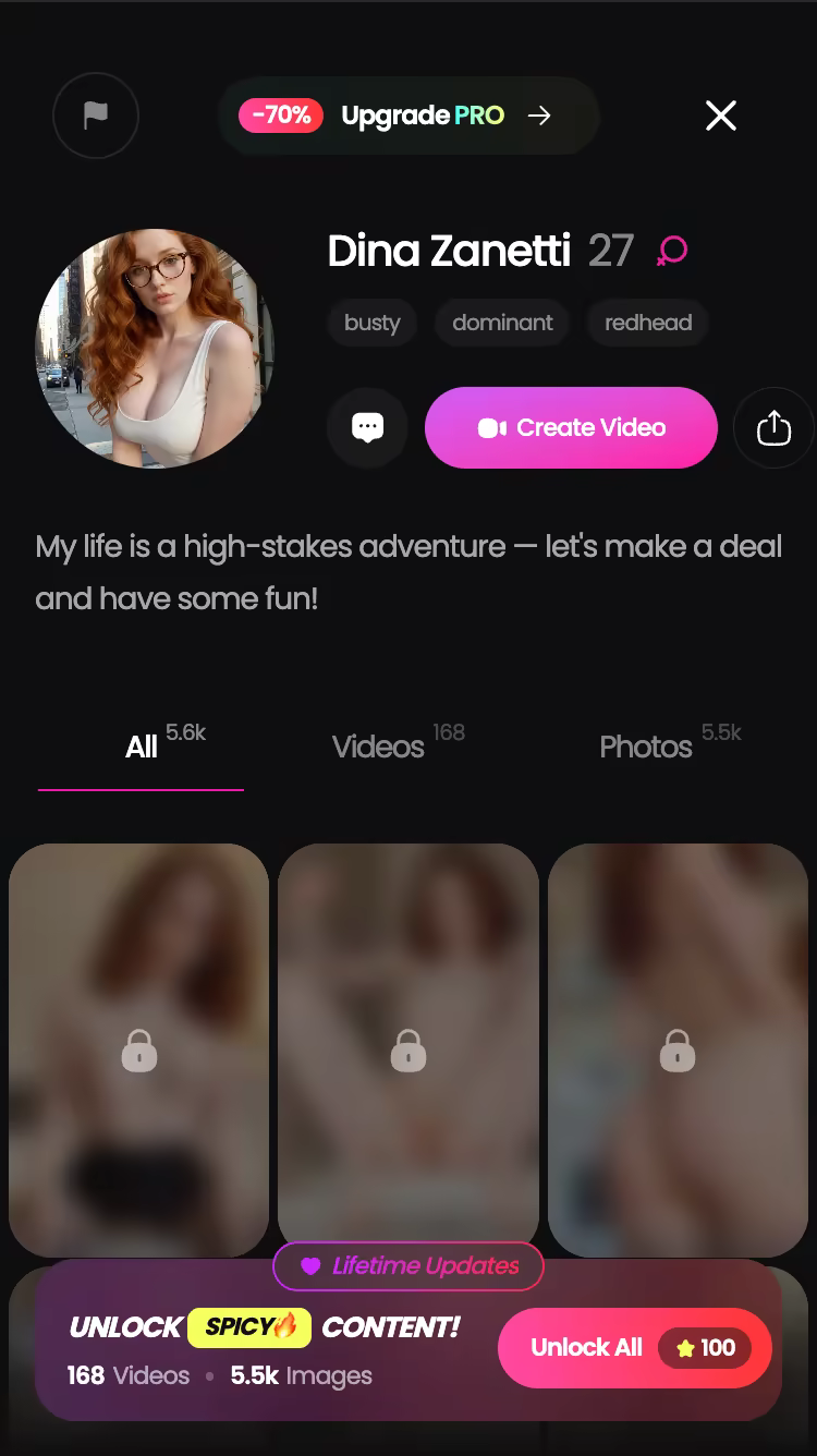 GoLove.ai character profile with her video and photo library — ai porn comic
