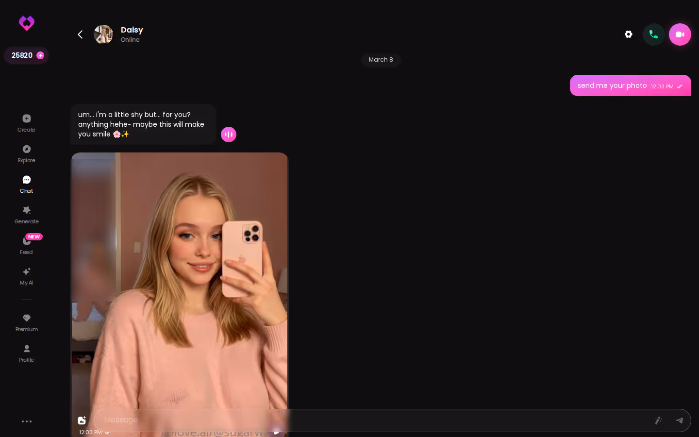 GoLove.ai chat dialog on desktop continuing an ongoing roleplay