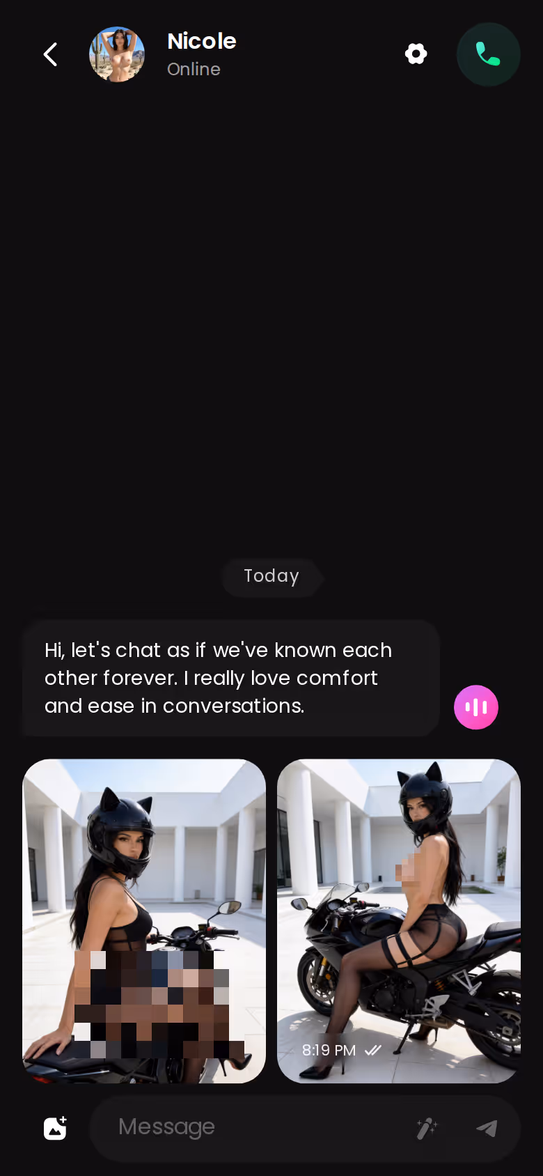 GoLove.ai mobile chat thread with a realistic companion, photo and voice replies inline
