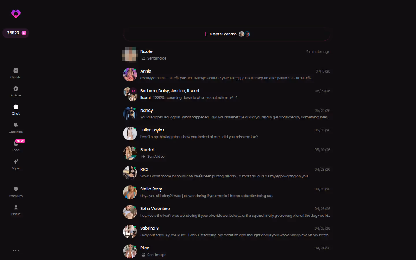 GoLove.ai chats inbox listing ongoing conversations with several characters