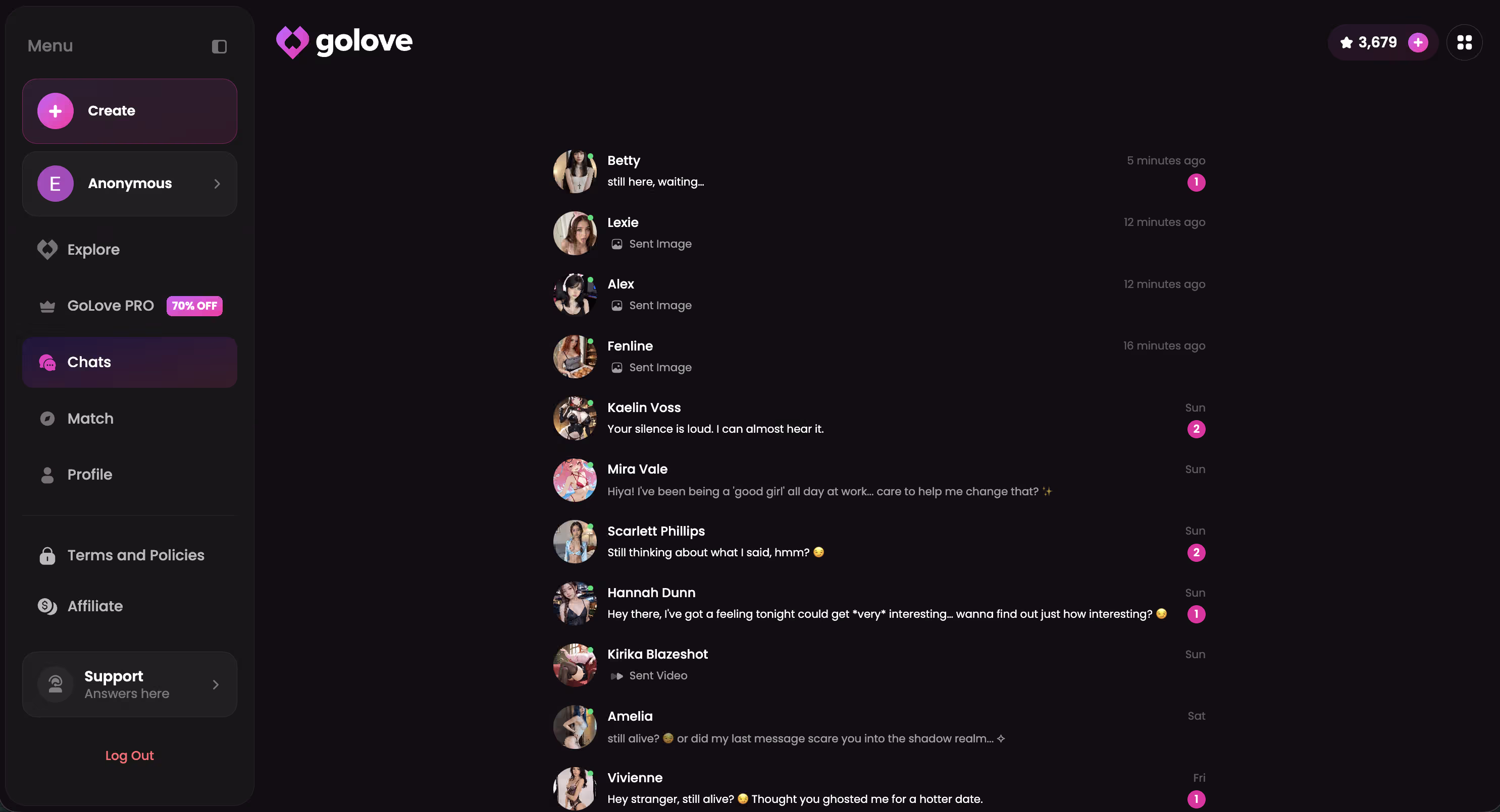 GoLove mid-conversation showing a paid interaction