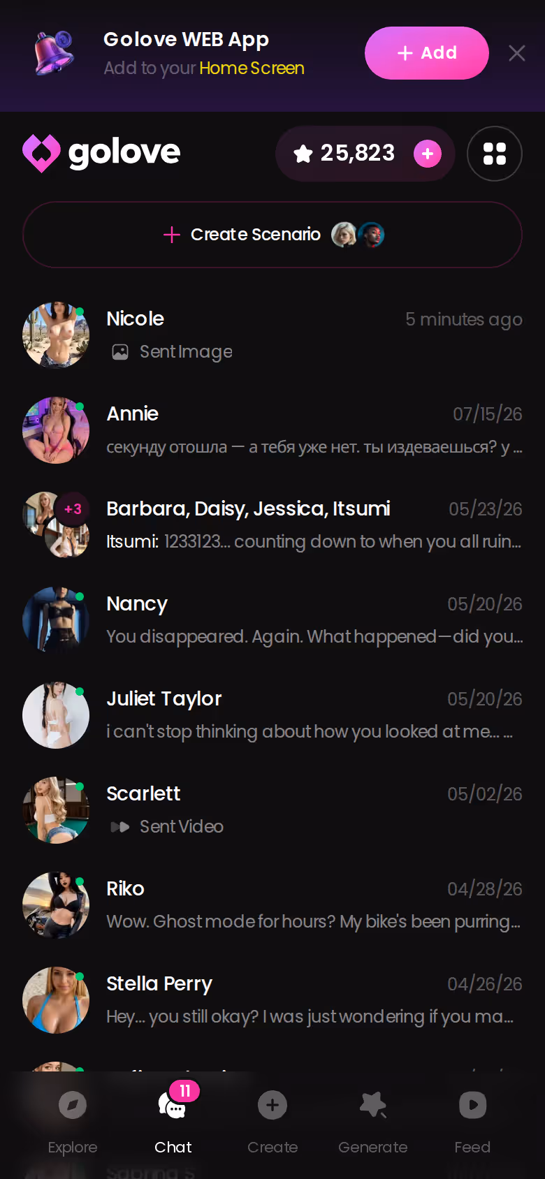 GoLove chats list on mobile — every character and conversation persists across sessions
