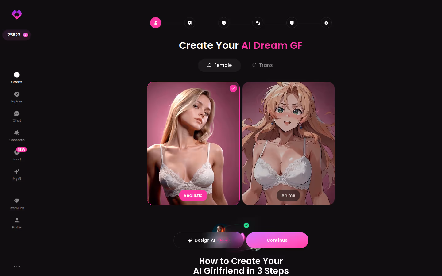 GoLove Create wizard on desktop with Female/Trans, Realistic/Anime and Design with AI options