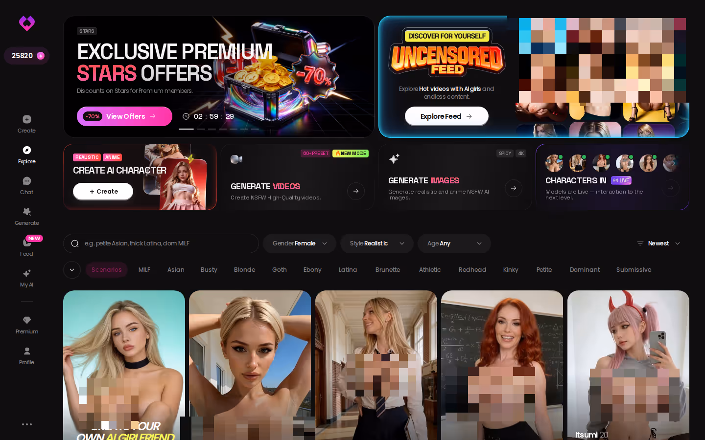 GoLove.ai Explore grid of realistic characters, visible with no sign-up