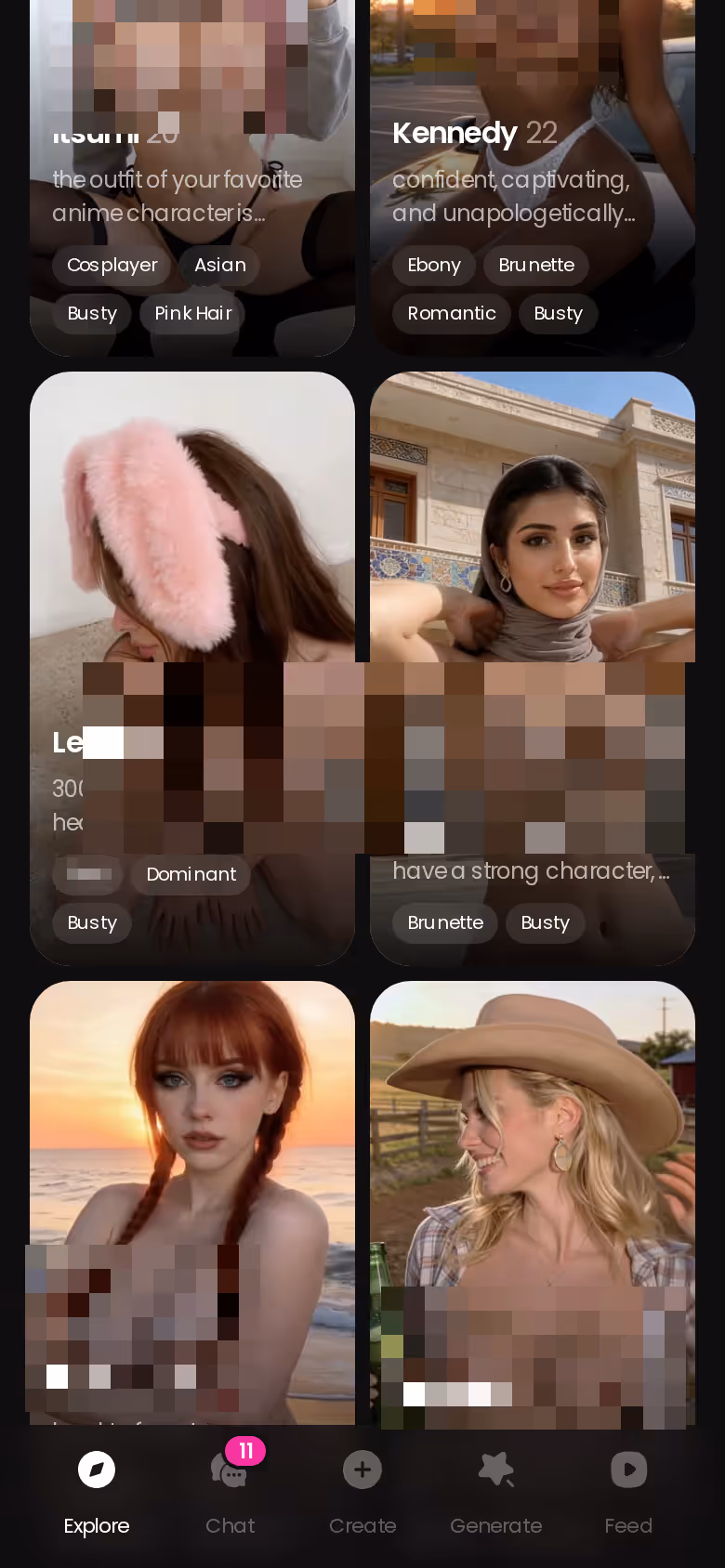 GoLove mobile Explore grid of realistic AI girlfriends, where a chat starts with one tap