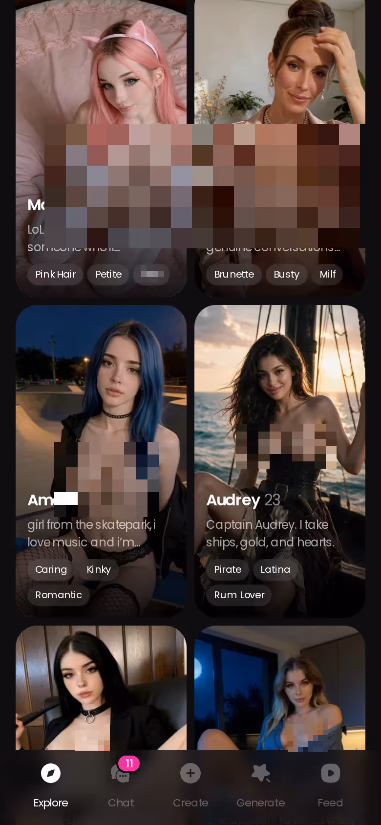 GoLove.ai Explore page on mobile showing the realistic character roster