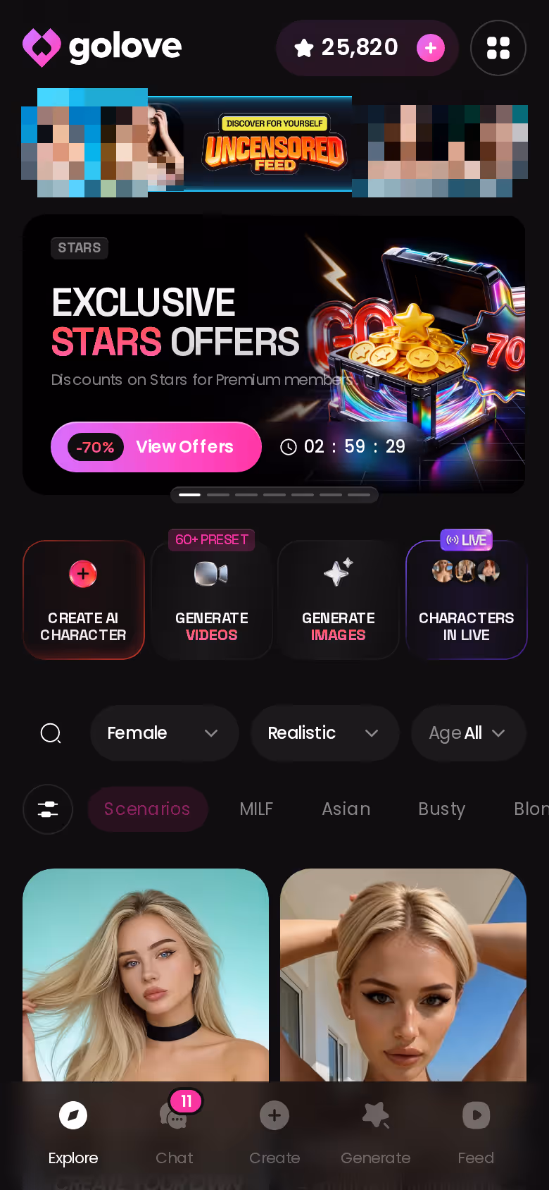 Mobile GoLove.ai Explore page with banners and character grid — ai porn maker