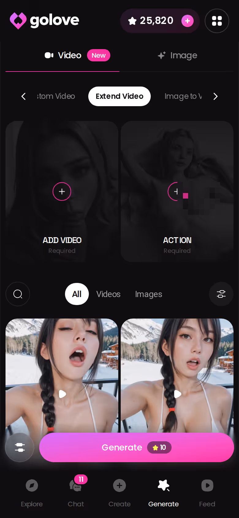 GoLove.ai mobile video generator with the extend-video option after a clip finishes
