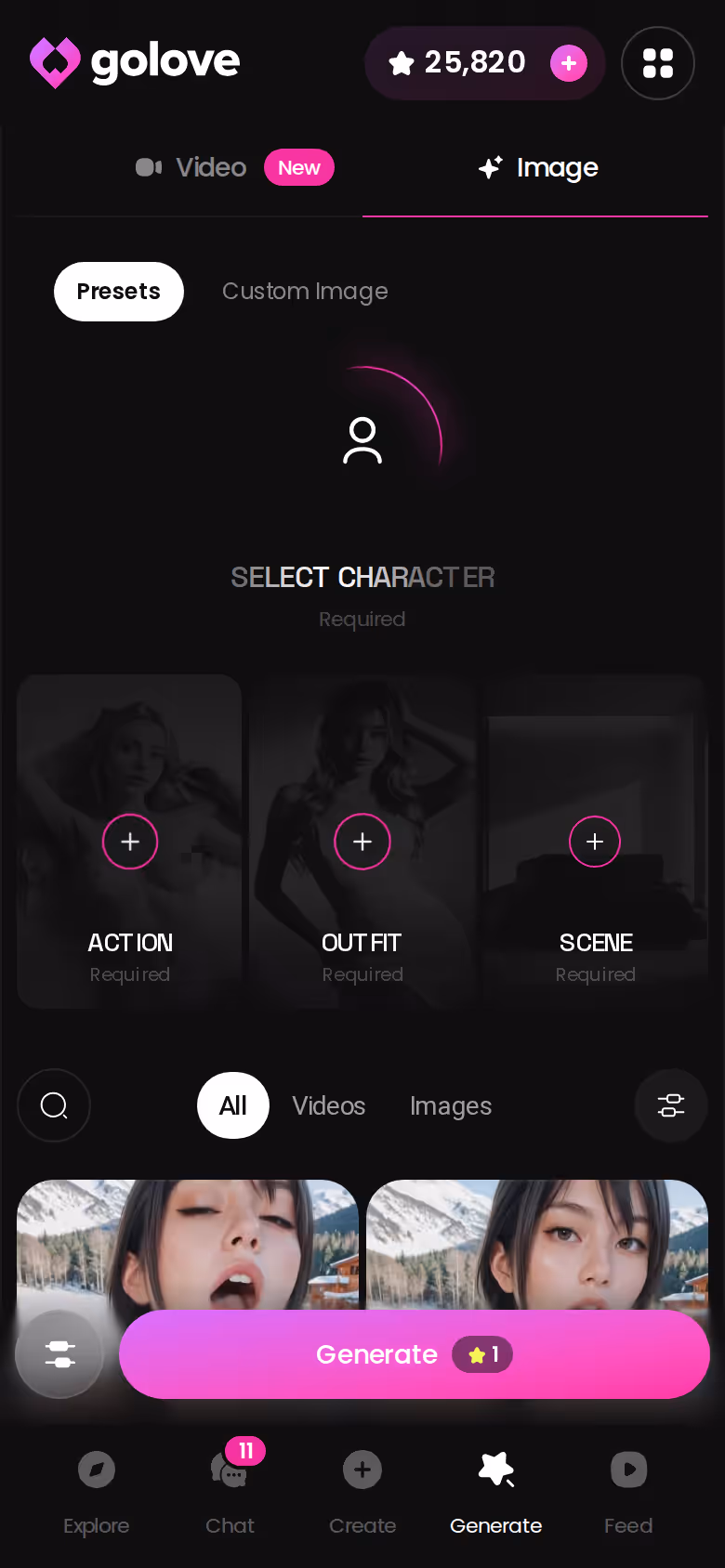 GoLove.ai image generator mode on mobile with pose and outfit presets