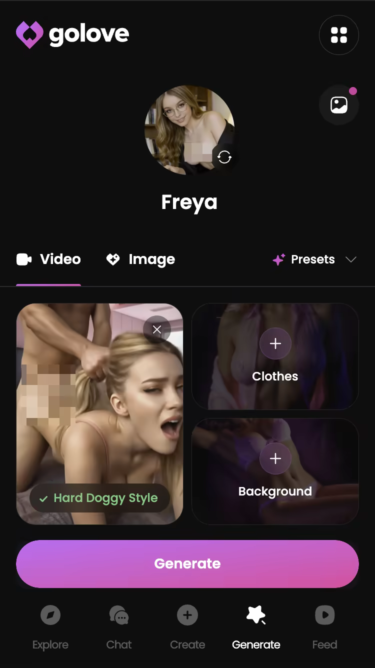 Explicit action preset selected in the GoLove.ai video generator — ai adventure chat app