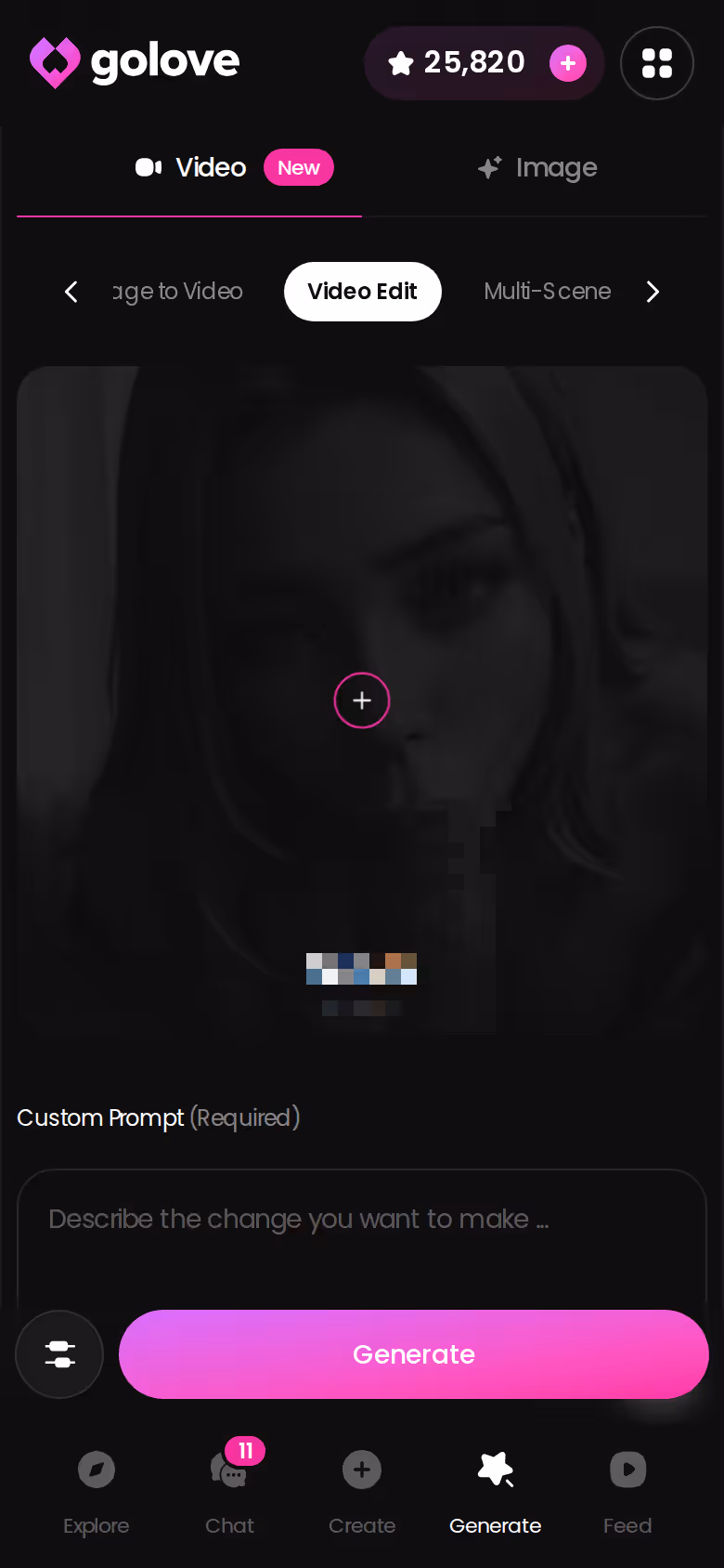 GoLove.ai mobile video generator showing edit options for a character clip